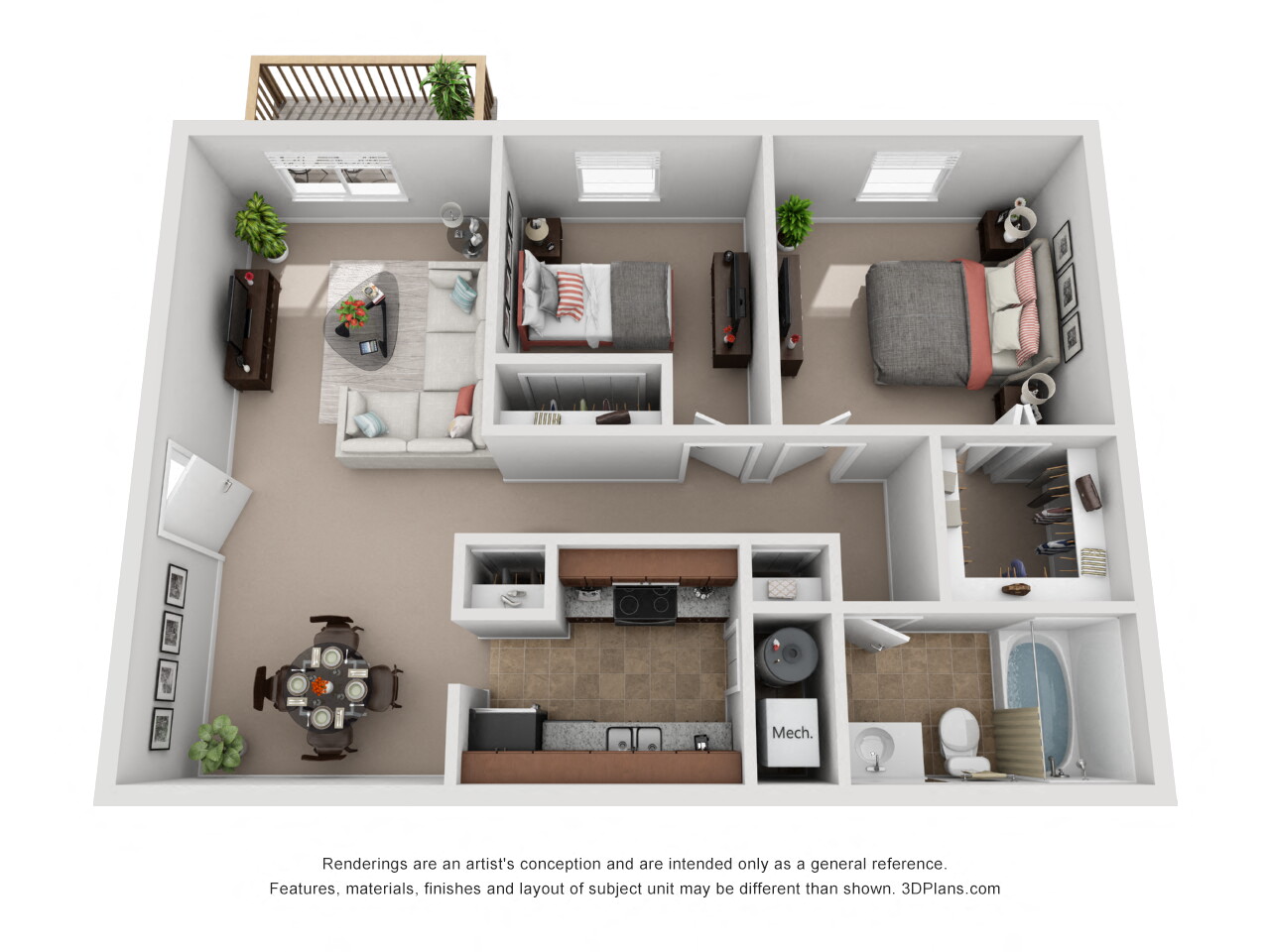 Floor plan for 2 beds, 1 bath, 870 sqft